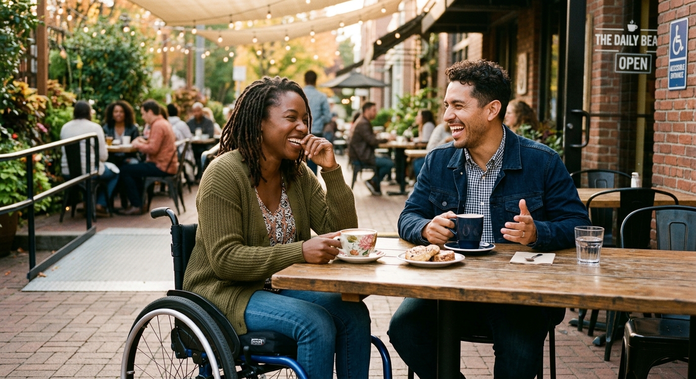 Two people on a date at an accessible cafe, smiling over coffee
